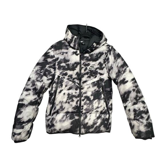 Nike Sportswear Womens Small Down Puffer Jacket Black White Tie Dye Print Hooded - Picture 1 of 7